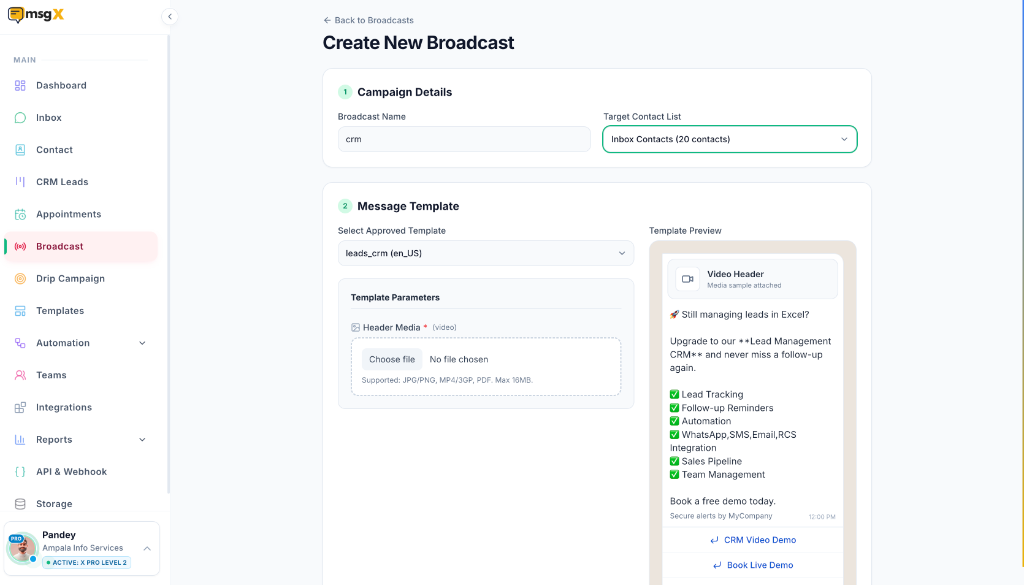 MSGX Create New Broadcast Campaign Template Preview